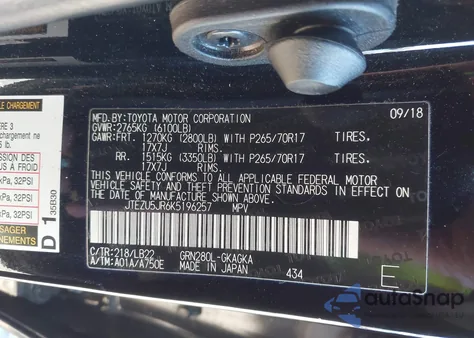 2019 Toyota 4Runner Sr5 Premium z USA, uszkodzony, nr VIN JTEZU5JR6K5196257